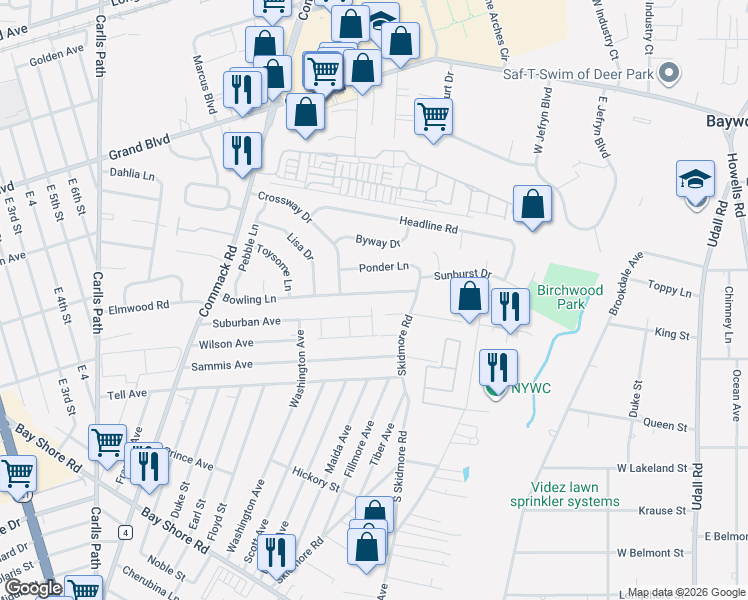 map of restaurants, bars, coffee shops, grocery stores, and more near 92 Bowling Lane in Deer Park