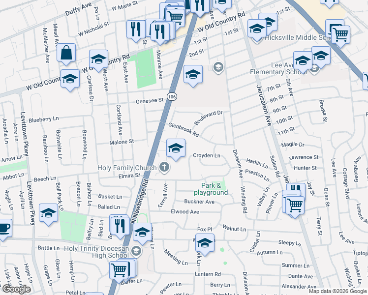 map of restaurants, bars, coffee shops, grocery stores, and more near 17 Croyden Lane in Hicksville
