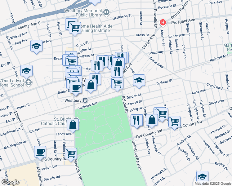 map of restaurants, bars, coffee shops, grocery stores, and more near 278-498 Railroad Ave in Westbury