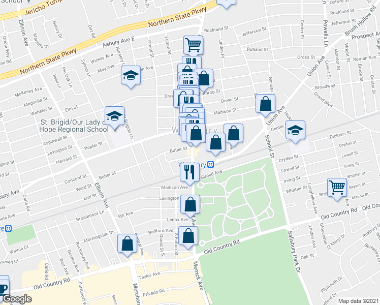 map of restaurants, bars, coffee shops, grocery stores, and more near 239 Orchard Street in Westbury