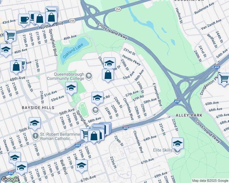 map of restaurants, bars, coffee shops, grocery stores, and more near 5639 226th Street in Queens