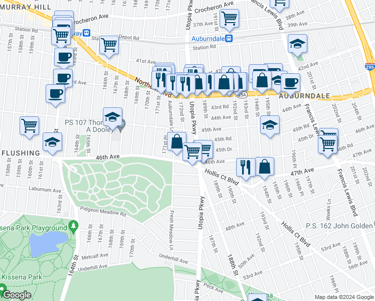 map of restaurants, bars, coffee shops, grocery stores, and more near 171-65 46th Avenue in Queens