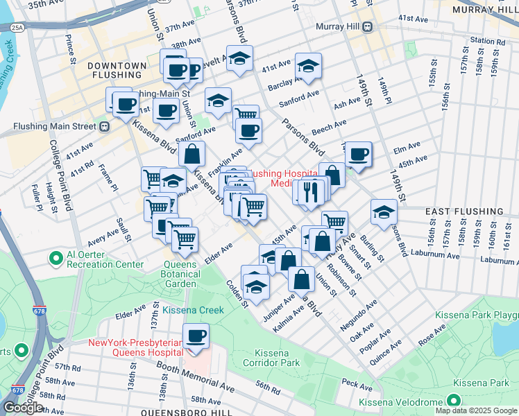 map of restaurants, bars, coffee shops, grocery stores, and more near 43-24 Union Street in Queens