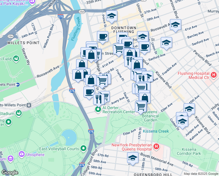 map of restaurants, bars, coffee shops, grocery stores, and more near 132-35 Pople Avenue in Queens