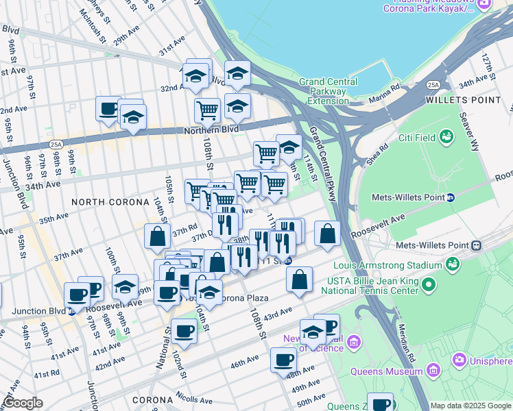 map of restaurants, bars, coffee shops, grocery stores, and more near 10846 37th Drive in Queens