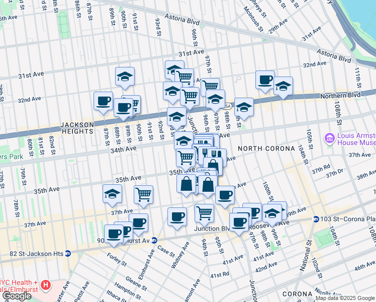 map of restaurants, bars, coffee shops, grocery stores, and more near in Queens