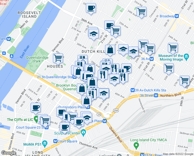 map of restaurants, bars, coffee shops, grocery stores, and more near 40-01 Crescent Street in Queens