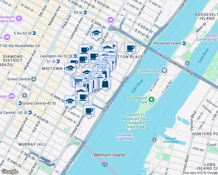 map of restaurants, bars, coffee shops, grocery stores, and more near 427 East 50th Street in New York