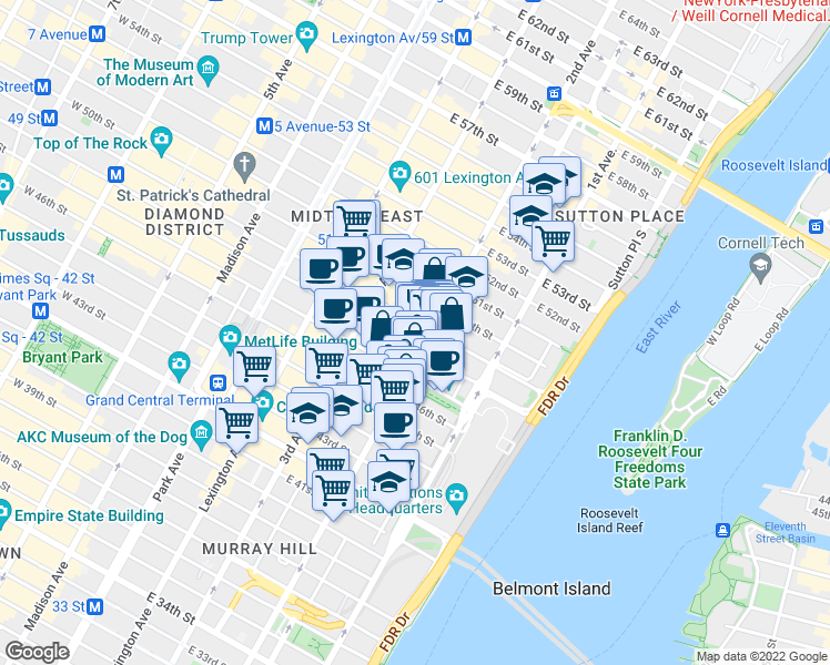 map of restaurants, bars, coffee shops, grocery stores, and more near 903 2nd Avenue in New York