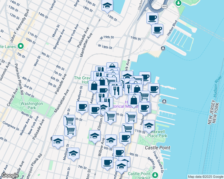 map of restaurants, bars, coffee shops, grocery stores, and more near 1327 Willow Avenue in Hoboken