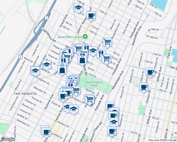 map of restaurants, bars, coffee shops, grocery stores, and more near 518 2nd Street in Union City
