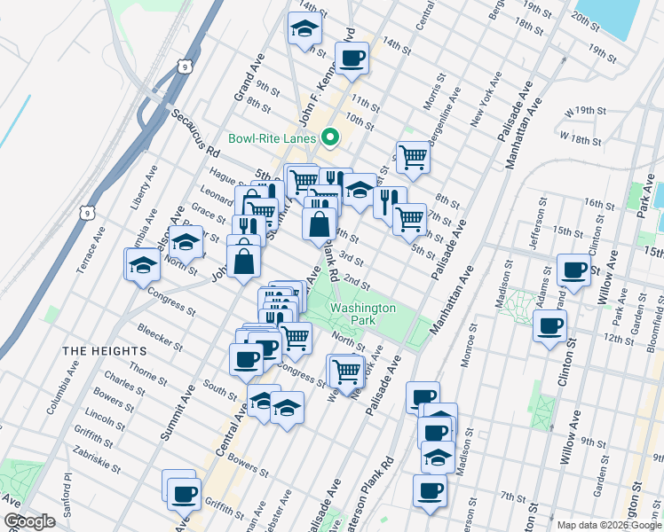 map of restaurants, bars, coffee shops, grocery stores, and more near 518 2nd Street in Union City