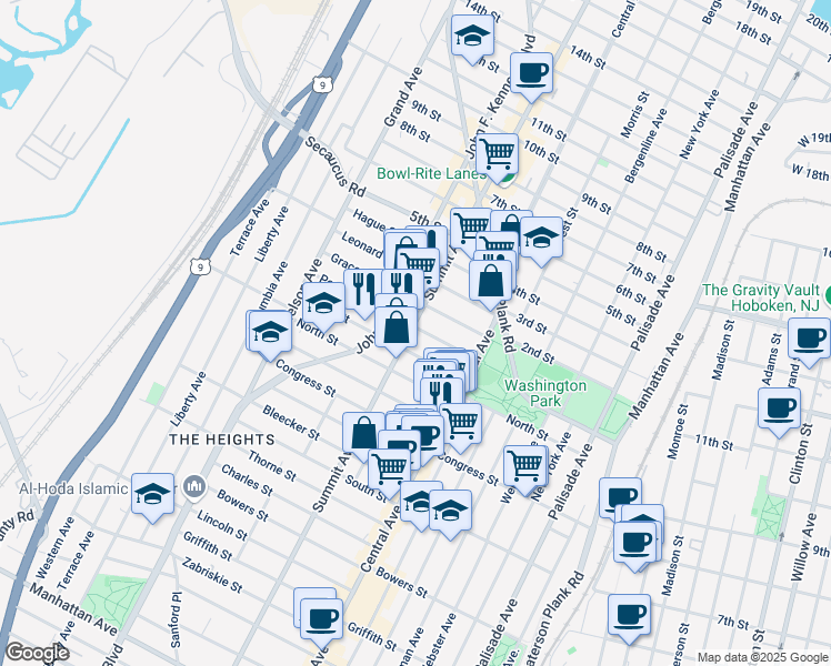 map of restaurants, bars, coffee shops, grocery stores, and more near 34 Irving Street in Jersey City