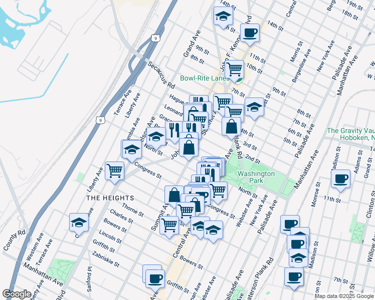 map of restaurants, bars, coffee shops, grocery stores, and more near 1127 Summit Avenue in Jersey City