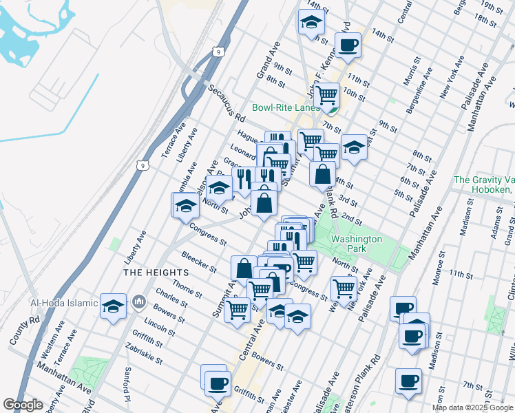 map of restaurants, bars, coffee shops, grocery stores, and more near 1127 Summit Avenue in Jersey City