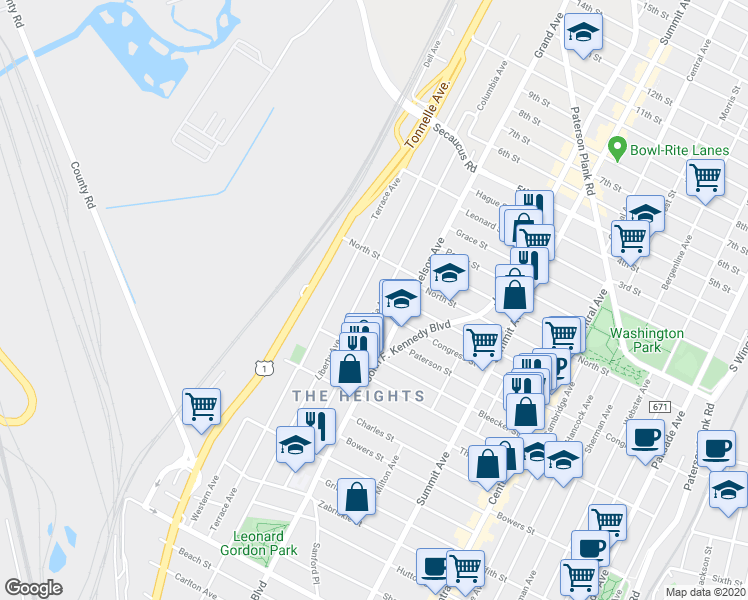 map of restaurants, bars, coffee shops, grocery stores, and more near 153 Columbia Avenue in Jersey City