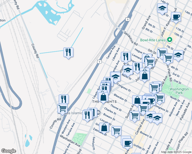 map of restaurants, bars, coffee shops, grocery stores, and more near 212 Terrace Avenue in Jersey City