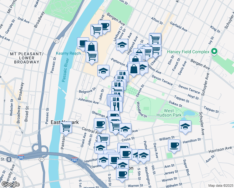 map of restaurants, bars, coffee shops, grocery stores, and more near 23 Kearny Avenue in Kearny
