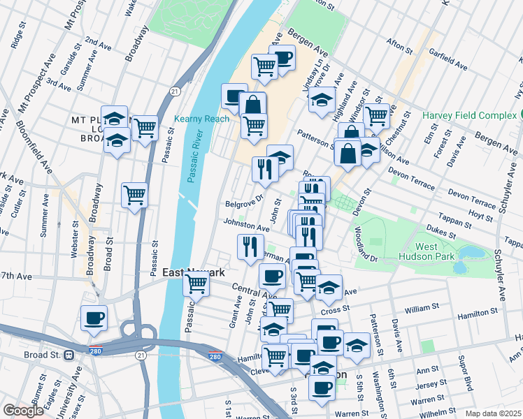 map of restaurants, bars, coffee shops, grocery stores, and more near 59 Johnston Avenue in Kearny