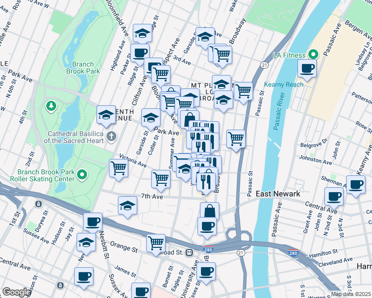 map of restaurants, bars, coffee shops, grocery stores, and more near 27 Webster Street in Newark