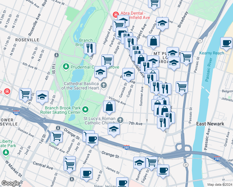 map of restaurants, bars, coffee shops, grocery stores, and more near 39 6th Avenue in Newark