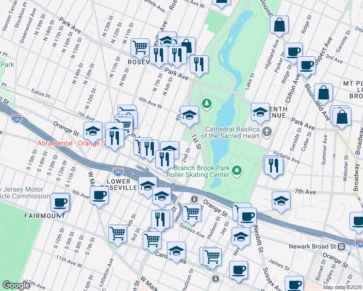 map of restaurants, bars, coffee shops, grocery stores, and more near 301 7th Avenue in Newark