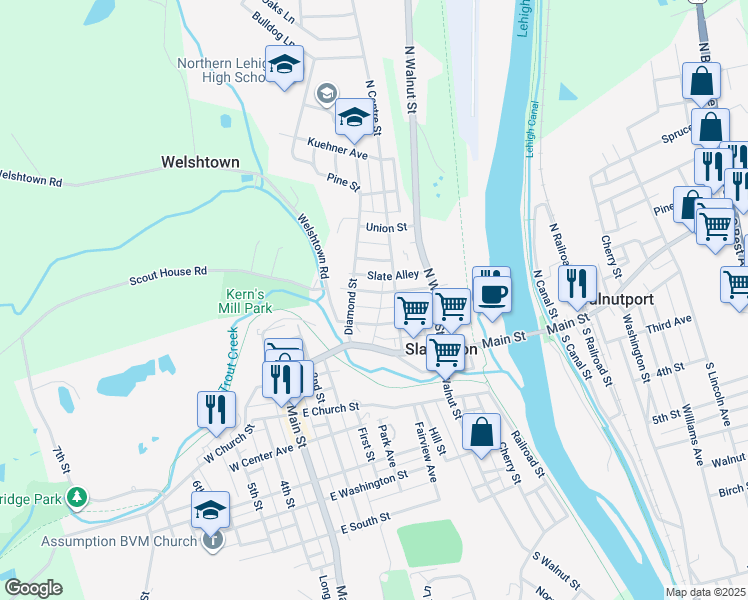 map of restaurants, bars, coffee shops, grocery stores, and more near 330 Chestnut Street in Slatington