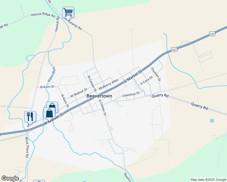 map of restaurants, bars, coffee shops, grocery stores, and more near 121 North Sassafras Street in Beavertown