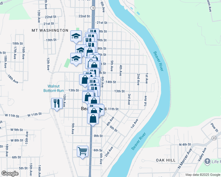 map of restaurants, bars, coffee shops, grocery stores, and more near 1216 6th Avenue in Beaver Falls