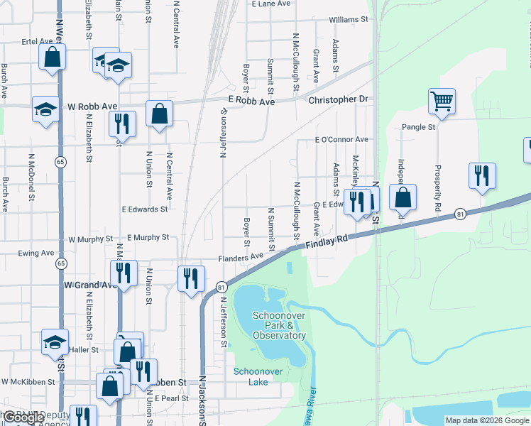 map of restaurants, bars, coffee shops, grocery stores, and more near 1013 North Summit Street in Lima