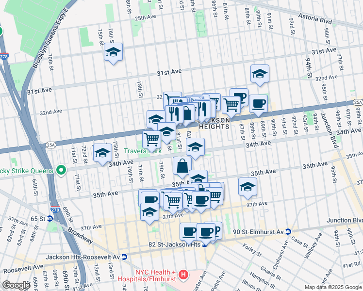 map of restaurants, bars, coffee shops, grocery stores, and more near 81-14 34th Avenue in Queens