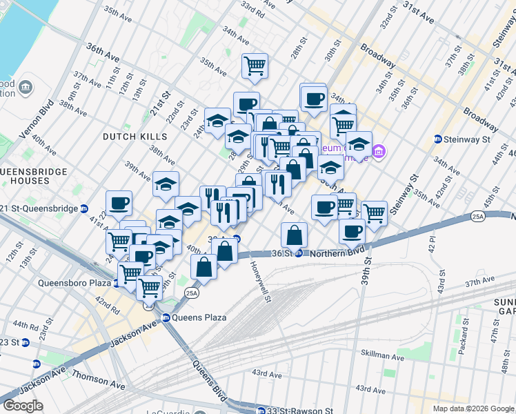 map of restaurants, bars, coffee shops, grocery stores, and more near 37-29 31st Street in Queens