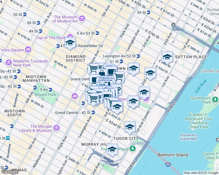 map of restaurants, bars, coffee shops, grocery stores, and more near 485 Lexington Avenue in New York