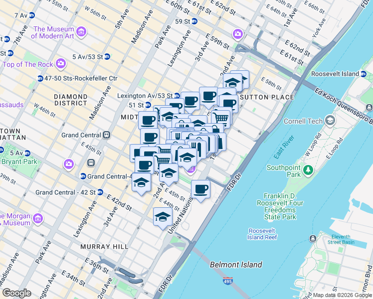 map of restaurants, bars, coffee shops, grocery stores, and more near 320 East 49th Street in New York