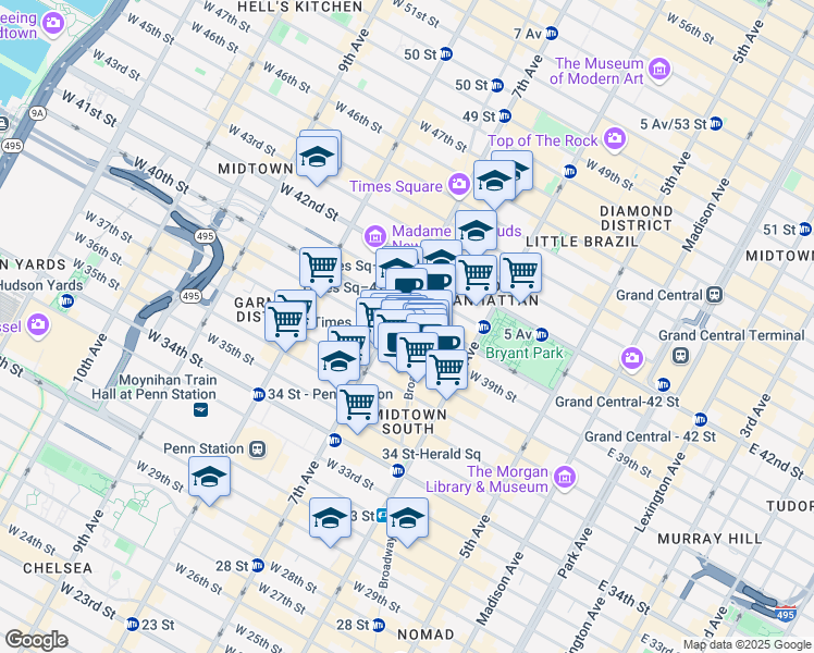 map of restaurants, bars, coffee shops, grocery stores, and more near 1411 Broadway in New York