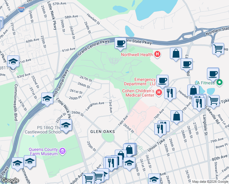 map of restaurants, bars, coffee shops, grocery stores, and more near 264-9 Langston Avenue in Queens