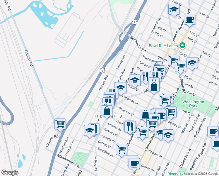 map of restaurants, bars, coffee shops, grocery stores, and more near 153 Columbia Avenue in Jersey City