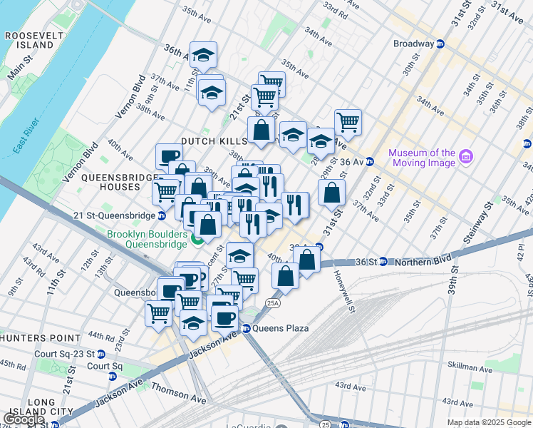 map of restaurants, bars, coffee shops, grocery stores, and more near 27-2 39th Avenue in Queens