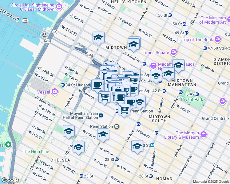 map of restaurants, bars, coffee shops, grocery stores, and more near 334 West 36th Street in New York