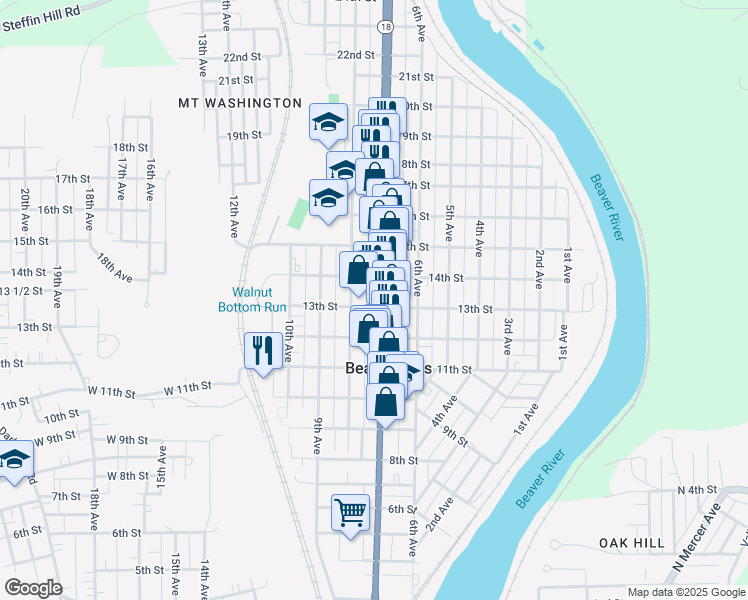 map of restaurants, bars, coffee shops, grocery stores, and more near 1301 7th Avenue in Beaver Falls