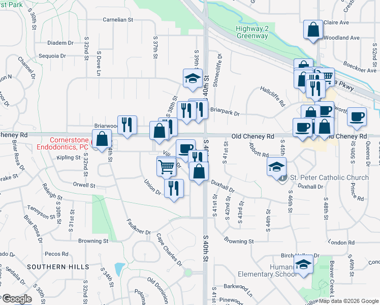 map of restaurants, bars, coffee shops, grocery stores, and more near 3930 Village Lane in Lincoln