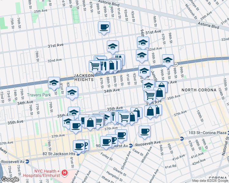 map of restaurants, bars, coffee shops, grocery stores, and more near 34-31 89th Street in Queens