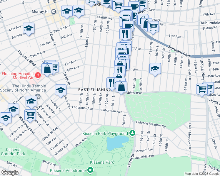 map of restaurants, bars, coffee shops, grocery stores, and more near 45-81 160th Street in Queens