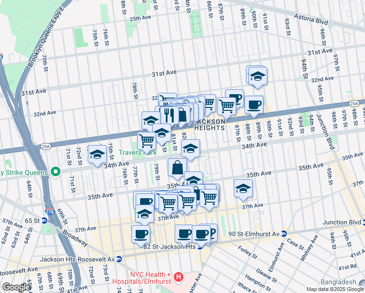 map of restaurants, bars, coffee shops, grocery stores, and more near 81-14 34th Avenue in Queens
