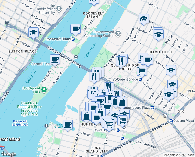 map of restaurants, bars, coffee shops, grocery stores, and more near Vernon Boulevard in Queens