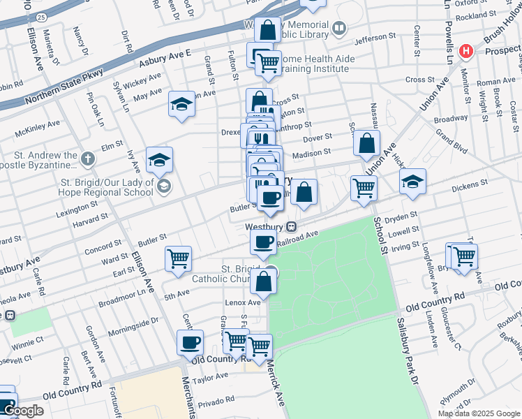 map of restaurants, bars, coffee shops, grocery stores, and more near 241 Butler Street in Westbury