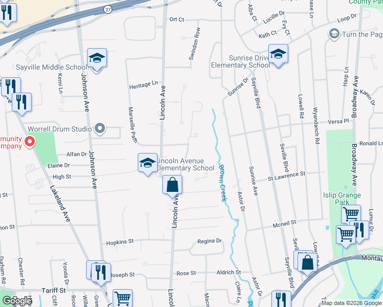 map of restaurants, bars, coffee shops, grocery stores, and more near 19 Greenbrier Lane in Sayville