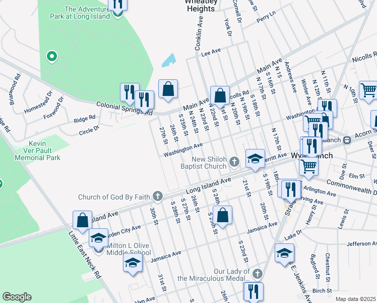 map of restaurants, bars, coffee shops, grocery stores, and more near 166 South 25th Street in Wyandanch