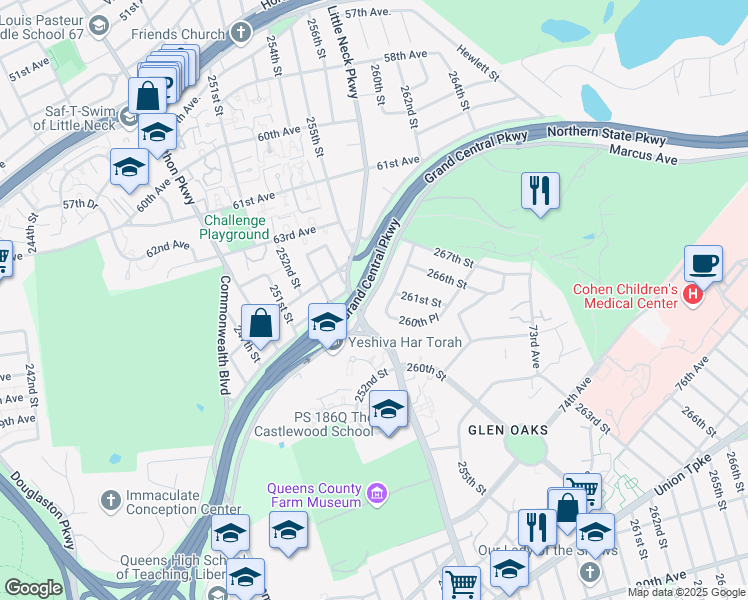 map of restaurants, bars, coffee shops, grocery stores, and more near 260-30 Grand Central Parkway in Queens