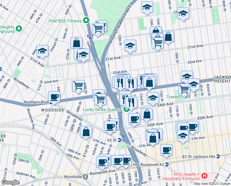 map of restaurants, bars, coffee shops, grocery stores, and more near Northern Blvd & 68th St in Queens
